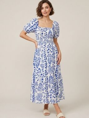 Milkmaid Coquette Girl Puff Sleeve Print Midi Maxi Dress Smockey Stretchy Size M
